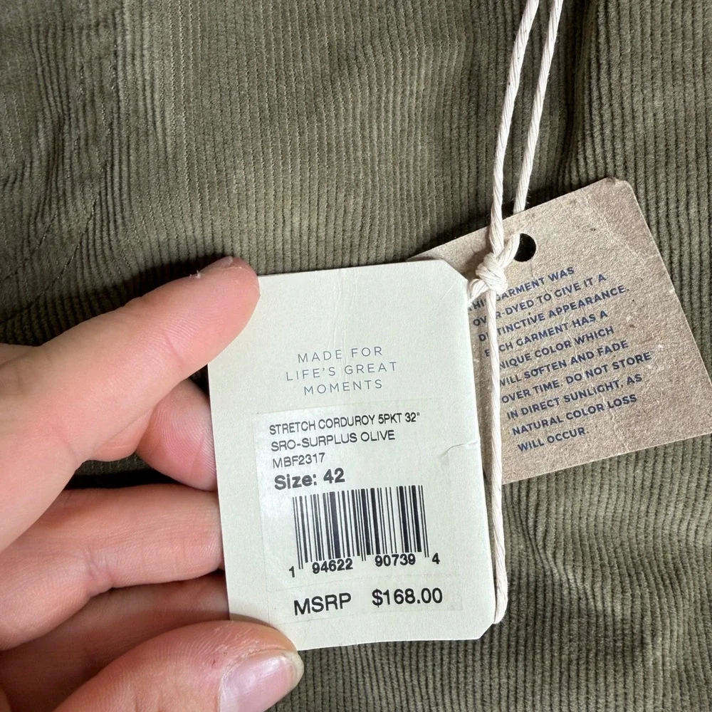 NEW Faherty Stretch Corduroy 5-Pocket Pants Surplus Olive MBF2317 Size 42x27